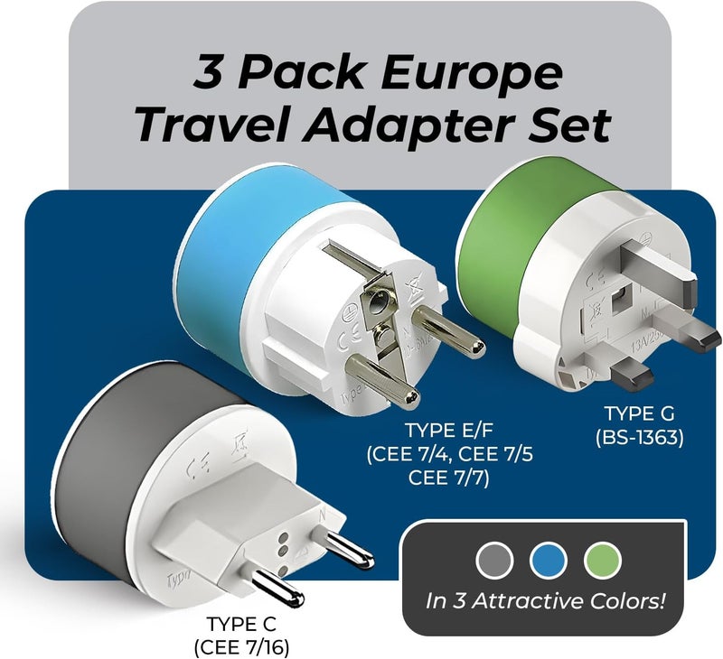 OREI Full European Travel Adapter Set - Dual Input American to Europe, Germany, England, Spain, Italy, Iceland, France, (Type G, E/F, Type C) - 3 Pack, Safe Grounded Use for Cell Phones, Laptops - Image 2